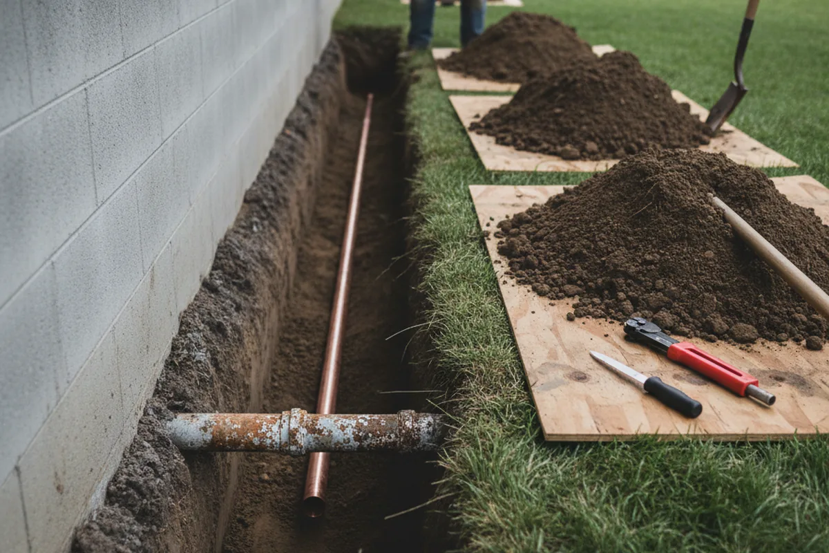 Excavated water line trench during Sewer Line Repair in Byram